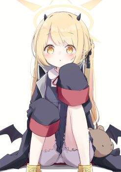 1girl :o absurdres black_coat black_dress black_horns black_ribbon black_wings blonde_hair bloomers blue_archive blush coat demon_girl demon_horns demon_wings dress feet_out_of_frame garuruu_(garumux) halo highres horns ibuki_(blue_archive) knees_up long_hair long_sleeves looking_at_viewer low_wings neck_ribbon open_clothes open_coat oversized_clothes parted_lips pinafore_dress pointy_ears red_ribbon ribbon shoes simple_background sitting sleeveless sleeveless_dress sleeves_past_fingers sleeves_past_wrists solo stuffed_animal stuffed_toy underwear white_background white_bloomers wings yellow_eyes yellow_halo yellow_shoes