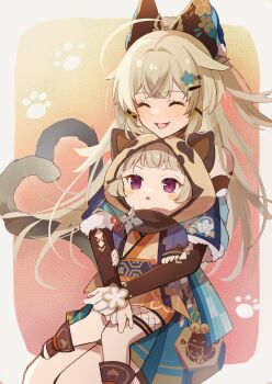 2girls 3sat0 absurdres ahoge animal_ears animal_hood bare_shoulders black_gloves blonde_hair blunt_bangs breasts brown_hair cat_ears cat_girl cat_tail detached_sleeves fake_animal_ears fake_tail fingerless_gloves genshin_impact gloves grey_hair hair_ornament hairclip highres hood japanese_clothes kirara_(genshin_impact) leaf leaf_on_head long_hair long_sleeves multiple_girls multiple_tails open_mouth purple_eyes raccoon_ears raccoon_tail sayu_(genshin_impact) short_hair short_sleeves smile tail two_tails