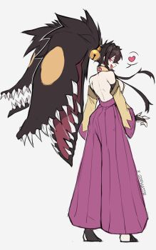 1girl :d backless_outfit bare_back bare_shoulders bell black_hair breasts commentary detached_sleeves fang from_behind full_body gen_3_pokemon grey_background hair_bell hair_ornament hakama heart highres japanese_clothes jingle_bell long_sleeves looking_at_viewer looking_back mawile nintendo open_mouth personification pokemon purple_hakama qdphattie red_eyes sidelocks simple_background smile solo standing symbol-only_commentary