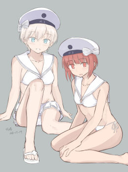 2girls bikini bikini_skirt blue_eyes breasts brown_eyes brown_hair clothes_writing grey_background hat hikashima_(shiofune) kantai_collection looking_at_viewer multiple_girls sailor_bikini sailor_collar sailor_hat sandals short_hair side-tie_bikini_bottom simple_background small_breasts smiley_face swimsuit white_bikini white_hair white_headwear white_sailor_collar z1_leberecht_maass_(kancolle) z1_leberecht_maass_(swimsuit)_(kancolle) z3_max_schultz_(kancolle) z3_max_schultz_(swimsuit)_(kancolle)
