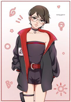 1girl belt black_choker black_eyes black_hair black_jacket black_tube_top boruto:_two_blue_vortex choker collarbone commentary cowboy_shot earrings frown glasses hands_in_pockets head_tilt highres jacket jewelry justcallmedolce konohagakure_symbol lips naruto_(series) pouch red_belt short_hair short_shorts shorts solo strapless thigh_pouch tube_top twitter_username uchiha_sarada uchiha_symbol