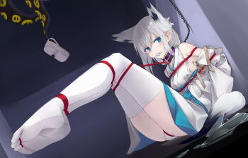 1girl animal_ears arms_behind_back azur_lane bdsm blue_eyes blush bondage bound bound_toes broken_glass chain chimu_xingcheng cloth_gag collar crotch_rope detached_sleeves flower fox_ears fox_girl fox_tail gag gagged geta glass grey_hair hair_between_eyes hair_flower hair_ornament hair_ribbon highres improvised_gag indoors japanese_clothes kawakaze_(azur_lane) kawakaze_(unsullied_white_fox)_(azur_lane) kimono long_sleeves obi on_floor ribbon saliva sandals sash sitting soles solo tabi tail tears tentacles thighhighs uchikake unworn_sandals white_thighhighs wide_sleeves