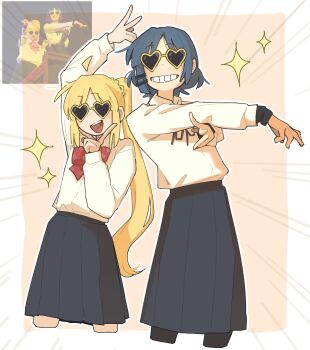 2girls absurdres ahoge black_ribbon black_skirt blonde_hair blue_hair bocchi_the_rock! bow bowtie commentary detached_ahoge english_commentary grin heart heart-shaped_eyewear highres ijichi_nijika long_hair long_skirt long_sleeves machuuu68 multiple_girls neck_ribbon open_mouth pleated_skirt polka_dot polka_dot_bow red_bow red_bowtie ribbon school_uniform shimokitazawa_high_school_uniform shirt side_ponytail skirt smile sunglasses teeth upper_teeth_only white_shirt yamada_ryo
