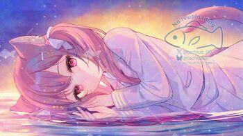 1girl adversarial_noise animal_ear_fluff animal_ears blazer bluesky_username bow cat_ears cat_girl cat_tail collared_shirt commentary_request commission grey_jacket grey_skirt hair_bow highres jacket long_hair looking_at_viewer lying miyanome on_side original pleated_skirt red_eyes red_hair sample_watermark school_uniform shallow_water shirt skeb_commission skirt solo tail twitter_username two_side_up water watermark white_bow white_shirt