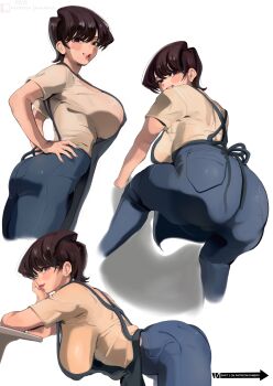 1girl absurdres apron ass backboob bent_over black_eyes black_hair blue_overalls blush breasts grin hand_on_own_hip hanging_breasts highres housewife komi-san_wa_komyushou_desu komi_shuuko lady_shin large_breasts looking_at_viewer looking_to_the_side mature_female multiple_views overalls parted_lips shirt short_hair sideboob simple_background smile table white_background