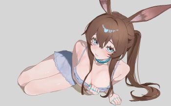 1girl alternate_costume amiya_(arknights) animal_ears aqua_eyes aqua_nails arknights arm_support bare_arms bare_legs bare_shoulders blue_dress blush breasts brown_hair cleavage clothes_pull collarbone commentary dress dress_pull eyelashes full_body grey_background hair_between_eyes highres jewelry kurisutea1222 leaning_forward long_hair looking_at_viewer medium_breasts multiple_rings parted_lips ponytail pulling_own_clothes rabbit_ears rabbit_girl raised_inner_eyebrows ring sidelocks simple_background sitting solo spaghetti_strap thighs yokozuwari