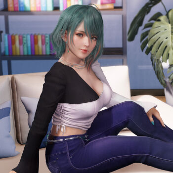 1girl breasts cleavage collarbone dead_or_alive dead_or_alive_xtreme dead_or_alive_xtreme_venus_vacation denim earrings green_eyes green_hair hair_between_eyes highres jeans jewelry large_breasts looking_at_viewer mole mole_under_eye multicolored_hair necklace official_art pants short_hair sitting smile solo streaked_hair tamaki_(doa) venus_vacation_prism:_dead_or_alive_xtreme