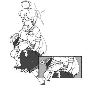 2girls ahoge blue_archive breasts closed_eyes closed_mouth commentary english_commentary greyscale halo hanako_(blue_archive) head_wings headpat kinzaibatsu91 koharu_(blue_archive) lap_pillow large_breasts long_hair monochrome multiple_girls shirt short_hair simple_background sitting skirt spoken_squiggle squiggle white_background wings