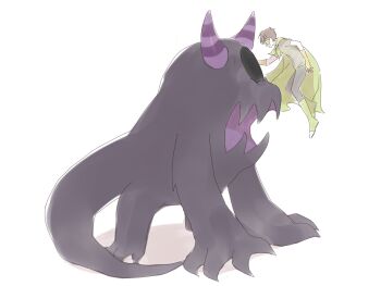 1boy alternate_form animification black_pantyhose black_skin boots brown_hair cape claws colored_skin commentary cyclops domino_mask edd_(eddsworld) eddsworld eye_contact eye_mask floating from_side full_body gloves green_boots green_cape green_shorts grey_shirt hollow_eyes horns keep_(dmswls6145) looking_at_another male_focus mask midair monster monster_focus monster_tom_(eddsworld) official_alternate_costume one-eyed open_mouth pantyhose print_shirt purple_horns shirt short_hair short_sleeves shorts simple_background size_difference sketch striped_horns superhero_costume swept_bangs tail tom_(eddsworld) white_background yellow_gloves