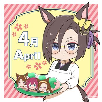 4girls :d air_groove_(umamusume) animal_ears apron bespectacled black_kimono blue_eyes blush brown_hair capriccyo chibi closed_mouth commentary_request diagonal-striped_background flower-shaped_pupils food food_request forehead glasses highres horse_ears horse_girl horse_tail in_food japanese_clothes kappougi kimono long_hair mini_person minigirl multiple_girls open_mouth parted_bangs ponytail purple_eyes purple_hair round_eyewear sakura_bakushin_o_(blossom_in_learning)_(umamusume) sakura_bakushin_o_(umamusume) sakura_chiyono_o_(umamusume) sakura_laurel_(umamusume) short_hair smile striped_background symbol-shaped_pupils tail twitter_username umamusume white_apron
