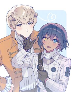 Rule 34 | 2boys, absurdres, androgynous, black gloves, blue background, blue eyes, blue hair, blush, border, bright pupils, commentary request, gloves, grey eyes, grey hair, hair between eyes, hand on own hip, highres, horns, lella nyam, male focus, metaphor: refantazio, multiple boys, outside border, protagonist (metaphor: refantazio), short hair, standing, strohl (metaphor: refantazio), white border, white pupils, yellow eyes