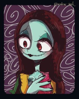 1girl colored_skin darkjack618 dress formal_clothes highres long_hair patchwork_clothes patchwork_skin pinstripe_pattern pinstripe_suit pinstripe_vest red_hair sally_(nbc) smile stitched_face stitches striped_clothes suit the_nightmare_before_christmas vest