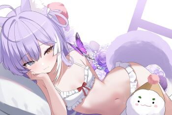 1girl :3 ahoge animal_ears bare_shoulders bikini blue_eyes bow bug butterfly closed_mouth commentary_request flower fox_ears fox_girl fox_tail frilled_bikini frills hair_ornament hair_rings hand_on_own_cheek hand_on_own_face heterochromia highres inari_(tenko_shibuki) insect korean_commentary long_hair looking_at_viewer lying multicolored_hair nannung navel on_side pom_pom_(clothes) pom_pom_hair_ornament purple_flower purple_hair red_bow rose smile solo stellive stomach streaked_hair string_bikini swimsuit tail tenko_shibuki virtual_youtuber white_bikini yellow_eyes