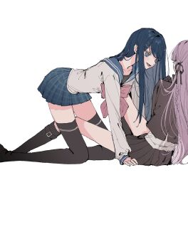 Rule 34 | 2girls, all fours, black gloves, black jacket, black ribbon, black skirt, black thighhighs, blue eyes, blue hair, blue sailor collar, blue skirt, bow, bowtie, commentary request, danganronpa: trigger happy havoc, danganronpa (series), gloves, hair ornament, hair ribbon, hairclip, highres, jacket, kirigiri kyoko, large bow, long hair, looking at another, maizono sayaka, miniskirt, multiple girls, parallel hairclips, pink bow, pink bowtie, plaid clothes, plaid skirt, pleated skirt, purple hair, raamensusure, ribbon, sailor collar, school uniform, serafuku, shirt, simple background, sitting, skirt, thighhighs, white background, white shirt, yuri, zettai ryouiki