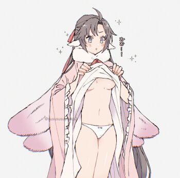 1girl :o ahoge alternate_costume animal_ears arthropod_girl black_hair blush bow bow_panties breasts brown_hair clothes_lift cowboy_shot dress dress_lift frilled_dress frilled_sleeves frills fur_collar fur_trim genderswap genderswap_(mtf) grey_background grey_eyes hair_down hair_ribbon half_updo highres insect_girl insect_wings kemonomimi_mode lifting_own_clothes long_hair long_sleeves medium_breasts modao_zushi moth_girl moth_wings navel no_bra official_alternate_hairstyle open_mouth panties pink_dress pink_wings purple_eyes red_ribbon ribbon simple_background solo sparkle standing stomach twitter_username underboob underwear very_long_hair wei_wuxian wei_wuxian_(yiling_laozu) white_background white_panties wide_sleeves wings yaichi00