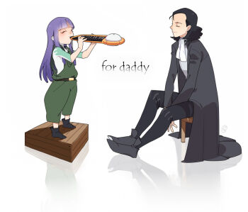 1boy 1girl ascot black_footwear black_hair black_jacket black_pants blunt_bangs closed_eyes closed_mouth cr-r ergo_proxy holding holding_instrument instrument jacket long_hair long_sleeves looking_at_another medium_hair music open_clothes open_jacket pants pino_(ergo_proxy) playing_instrument purple_hair raul_creed sitting smile standing white_ascot