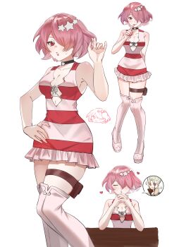 1boy 1girl absurdres alternate_costume bare_arms bare_shoulders black_choker blush boots breasts chibi choker cleavage closed_eyes collarbone cosplay dr._stone dress hair_ornament hair_over_one_eye hand_on_own_hip hand_up heart highres holster index_finger_raised ishigami_senkuu looking_at_viewer luna_wright medium_breasts multiple_views open_mouth own_hands_together pink_hair pouch red_eyes sakuraso short_dress short_hair sleeveless standing star_(symbol) striped_clothes striped_dress thigh_pouch thigh_strap thighhighs white_background