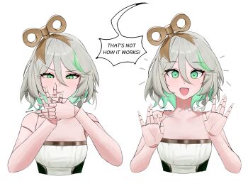 1girl absurdres cecilia_immergreen colored_inner_hair cropped_torso detachable_thumb doll_joints green_eyes green_hair grey_hair highres hololive hololive_english joints magic_trick multicolored_hair strapless tongue twitter_username virtual_youtuber white_background winding_key you&#039;re_doing_it_wrong yureikaigan