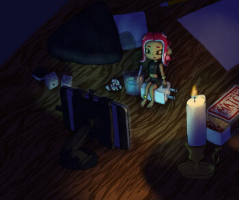 1girl absurdres agent_8_(splatoon) anklet barefoot beanie black_hat black_shirt black_skirt bracelet candle cellphone cup dark_skin desk dice drink drinking_glass electric_plug fire food hat highres jewelry long_hair long_sleeves looking_at_phone matches midriff mini_person minigirl navel nintendo octoling octoling_girl octoling_player_character octopus_girl on_desk open_mouth orange_eyes paper pencil phone pink_hair pointy_ears popcorn shirt single_sleeve sitting skirt smartphone soandnb splatoon_(series) suction_cups tentacle_hair unworn_hat unworn_headwear water