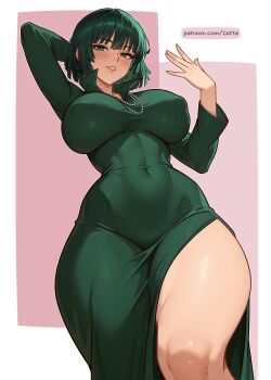1girl absurdres arm_behind_head arm_up blush breasts commentary covered_erect_nipples covered_navel dress english_commentary fubuki_(one-punch_man) green_dress green_eyes green_hair hand_up highres impossible_clothes impossible_dress jewelry large_breasts long_sleeves looking_at_viewer necklace one-punch_man paid_reward_available popped_collar reus_(cetta) short_hair side_slit simple_background solo