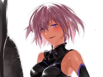 Rule 34 | 175x2, 1girl, armpits, bare shoulders, blush, boobplate, breastplate, breasts, fate/grand order, fate (series), floating hair, gorget, large breasts, looking at viewer, mash kyrielight, mash kyrielight (demi-servant), parted lips, pink hair, purple eyes, shield, short hair, simple background, solo, teeth, upper body, upper teeth only, white background
