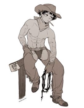 1boy abs absurdres alternate_costume black_whip_(boku_no_hero_academia) boku_no_hero_academia bulge cowboy cowboy_hat dekudash freckles gloves greyscale hat highres male_focus male_pubic_hair midoriya_izuku monochrome navel nipples pubic_hair pubic_hair_peek scar scar_on_arm scar_on_face sitting solo topless_male western