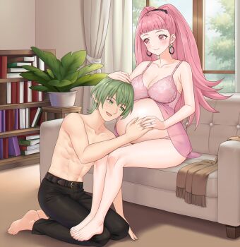 1boy 1girl armpits babydoll bare_arms bare_legs bare_shoulders barefoot belly belt black_belt black_pants bookshelf breasts cleavage collarbone commentary commission couch couple curtains earrings english_commentary fire_emblem fire_emblem:_three_houses green_eyes green_hair hand_on_another's_head hand_on_another's_stomach hetero highres hilda_valentine_goneril hilda_valentine_goneril_(timeskip) hoop_earrings husband_and_wife indoors jewelry kneeling large_breasts living_room male_byleth_(awakened)_(fire_emblem) male_byleth_(fire_emblem) nintendo on_couch panties pants pink_babydoll pink_eyes pink_hair pink_panties plant ponytail potted_plant pregnant redkite333 ring shadow short_hair sitting smile thighs toes topless_male underwear wedding_ring