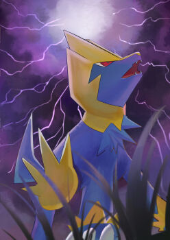 claws commentary_request electricity fangs from_below gen_3_pokemon grass highres manectric night nihine_(u-u115) nintendo no_humans open_mouth outdoors pokemon pokemon_(creature) pokemon_focus red_eyes solo