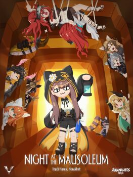 >_< +++ 1boy 6+girls :3 ? @_@ absurdres ajani_(arknights) ajazi_(arknights) animal_ear_hood animal_ears ankh arknights arm_up backlighting belt black_hair blonde_hair braid brown_eyes brown_hair brown_shorts cat_ears cat_tail closed_mouth dark-skinned_female dark_skin ears_under_headwear english_text fake_animal_ears flower flying_sweatdrops green_eyes grey_hair gribberoni hallway head_chain head_wings highres holding holding_lantern hollow_eyes hood hood_up hooded_jacket horns horse_ears horse_girl horse_tail infection_monitor_(arknights) jacket jewelry lantern long_hair looking_at_viewer medjehtiqedti_(arknights) medjehtiqedti_(arknights) multiple_girls narantuya_(arknights) night_at_the_museum notched_ear o-ring o-ring_thigh_strap orange_hair papyrus_(arknights) parody parted_bangs pepe_(arknights) philae_(arknights) platform_footwear ponytail red_eyes sandals sargon_logo scorpion_tail shorts single_braid smile suspension tail tail_ornament tail_ring thigh_strap toeless_footwear turn_pale unnamed_manticore_girl_(arknights) v veil white_flower wings zubayr_(arknights)