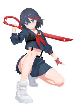 Rule 34 | 1girl, absurdres, angry, black hair, blue eyes, boobplate, breastplate, diky, fingerless gloves, from below, gloves, highres, holding, holding weapon, kill la kill, matoi ryuuko, midriff, multicolored hair, navel, neckerchief, on one knee, over shoulder, red gloves, red hair, red neckerchief, school uniform, scissor blade (kill la kill), serafuku, shoes, short hair, simple background, single fingerless glove, skirt, solo, streaked hair, suspenders, sword, sword over shoulder, three-quarter sleeves, two-tone hair, weapon, weapon over shoulder, white background, white shoes