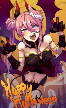 black_gloves blue_eyes blush breasts claw_pose costume demon_horns demon_tail fangs fingernails gloves hair_wings halloween highres hololive horns karakr_shin large_breasts long_fingernails open_mouth pink_hair red_nails solo tail takane_lui thighs tongue tongue_out virtual_youtuber