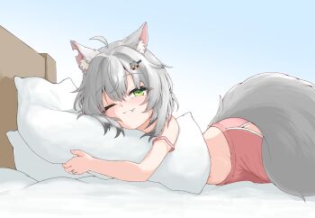 Rule 34 | 1girl, absurdres, animal ears, animal hair ornament, bed, blush, colored tips, commentary request, dolphin shorts, fang, fang out, green eyes, grey hair, highres, hugging object, jewelry, kamizuki naki, looking at viewer, lying, multicolored hair, navel, navel peek, on bed, on side, one eye closed, pillow, pillow hug, pink shorts, prism project, ring, short hair, shorts, smile, strap slip, tail, two-tone hair, uts, virtual youtuber, wolf ears, wolf girl, wolf tail