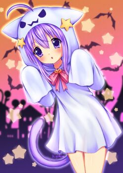 1girl animal_ears artist_name bat_(animal) cat_ears cat_girl cat_tail cowboy_shot halloween hands_up highres hood hood_up kigidere long_sleeves looking_at_viewer original purple_eyes purple_hair robe signature sleeves_past_fingers sleeves_past_wrists solo standing star_(symbol) tail white_robe