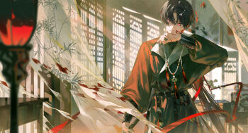 1boy black_hair blood blood_on_face chinese_clothes curtains highres holding holding_sword holding_weapon indoors jewelry lattice long_sleeves looking_at_viewer male_focus necklace original red_eyes red_ribbon ribbon short_hair solo sword tassel weapon window xiaojiaju