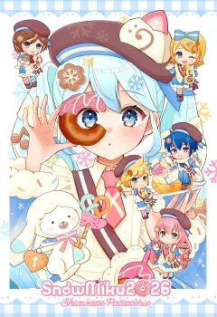 2026 2boys 4girls ;d alternate_eye_color asymmetrical_legwear blonde_hair blue_bow blue_dress blue_eyes blue_hair blue_pantyhose blush bow brown_hat cake character_name closed_mouth collared_dress commentary cream donut dot_mouth dot_nose dress english_text fingernails food food-themed_hair_ornament fortissimo full_body hair_bow hair_ornament hat hatsune_miku highres holding holding_donut holding_food holding_key holding_pastry_bag holding_plate holding_whisk kagamine_len kagamine_rin kaito_(vocaloid) key megurine_luka meiko meiko_(vocaloid) mismatched_legwear mofmama multicolored_hair multicolored_pantyhose multiple_boys multiple_girls musical_note musical_note-themed_food musical_note_hair_ornament necktie one_eye_closed open_mouth pantyhose pastry_bag pink_necktie pink_pantyhose plate pretzel rabbit_yukine scarf smile snowflakes streaked_hair strwaberry swiss_roll twintails vocaloid whisk white_hair white_pantyhose white_scarf yuki_kaito yuki_len yuki_luka yuki_meiko yuki_miku yuki_miku_(2026) yuki_rin