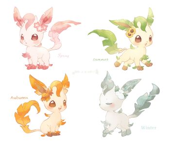 Rule 34 | autumn leaves, blush, brown eyes, closed mouth, commentary, dated, flower, full body, gen 4 pokemon, highres, leaf, leafeon, mkt (buizu-miki), nintendo, no humans, open mouth, pink eyes, pokemon, pokemon (creature), pokemon focus, simple background, sitting, standing, sunflower, symbol-only commentary, white background