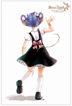 1girl 2003 animal_ears archived_source arm_at_side arm_ribbon artist_name back_bow black_dress black_ribbon black_shoes bow braid braided_hair_rings brown_tail brown_tails collared_shirt commentary_request copyright_notice dated dress dress_bow dress_shoes facing_away flower from_behind full_body hair_flower hair_ornament hair_ribbon hair_rings half_updo kneehighs korean_commentary legs_apart legs_up logo mary_janes mouse_ears mouse_girl mouse_tail original petticoat pinafore_dress pink_bow pink_ribbon puffy_short_sleeves puffy_sleeves ribbon shirt shoes short_sleeves signature simple_background sleeve_cuffs sleeveless sleeveless_dress socks solo tail tiv waving white_background white_flower white_shirt white_socks