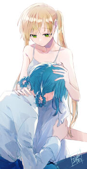 2girls blonde_hair blue_hair braid braided_hair_rings commentary_request dress green_eyes hair_rings hand_on_another's_head hand_on_another's_shoulder hand_on_another's_waist hashi_(hashikk0) highres mahou_shoujo_no_majo_saiban multiple_girls shirt side_ponytail tachibana_sherry tono_hanna white_dress white_shirt yuri