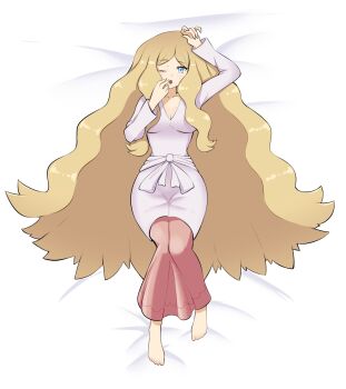 1girl ;o alternate_breast_size_(larger) barefoot bed blonde_hair blue_eyes breasts caitlin_(pokemon) cleavage commentary dress english_commentary eyelashes full_body highres long_hair long_sleeves looking_at_viewer nintendo on_bed one_eye_closed open_mouth pink_dress pokemon pokemon_bw solo supu_genji very_long_hair