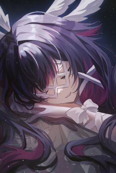 1girl absurdres black_hair blunt_bangs bow closed_eyes columbina_(genshin_impact) curry_5048 eye_mask eyelashes genshin_impact hair_ribbon head_wings highres leaning_on_object long_hair mask multicolored_hair pale_skin pink_hair ribbon smile solo star_(sky) starry_sky_background streaked_hair tress_ribbon white_mask white_wings wings