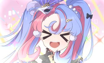 &gt;_&lt; 1girl absurdres black_collar collar commentary_request highres k_soju key_hair_ornament long_hair mask mask_on_head multicolored_hair open_mouth pink_background pink_hair portrait purple_hair roccia_(wuthering_waves) smile solo twintails two-tone_hair wuthering_waves