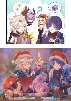 1other 2girls 3boys albedo_(genshin_impact) alice_(genshin_impact) black_gloves blanket blue_eyes closed_eyes closed_mouth dragon_boy dragon_horns durin_(genshin_impact) genshin_impact gloves hat highres horns klee_(genshin_impact) looking_at_another multiple_boys multiple_girls one_eye_closed open_mouth pointy_ears ribbon saigawa_genshin santa_hat scaramouche_(cat)_(genshin_impact) scaramouche_(genshin_impact) sleeping split_screen wanderer_(genshin_impact) waving white_gloves