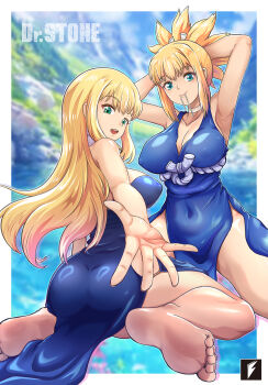 2girls adjusting_hair armpits arms_behind_head arms_up ass bare_legs barefoot blonde_hair blue_dress blue_eyes blurry blurry_background border breasts cleavage closed_mouth collarbone covered_erect_nipples covered_navel dr._stone dress feet highres kohaku_(dr._stone) long_hair looking_at_viewer looking_back medium_breasts mouth_hold multiple_girls open_mouth ponytail ruri_(dr._stone) siblings sisters sitting smile soles strapless strapless_dress teng_zhai_zi toenails toes wariza white_border