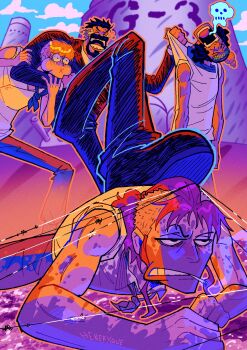 &gt;_&lt; 1girl 3boys absurdres aged_down aokiji_(one_piece) artist_name asphyxiation beard bellemere black_hair cigarette commentary donquixote_rocinante english_commentary facial_hair formal_clothes heneryque highres hitodama holding laughing monkey_d._garp multiple_boys multiple_head_bumps one_piece open_mouth outdoors ponytail scar scar_on_face sleeveless stepped_on suit tears unworn_blindfold x_x