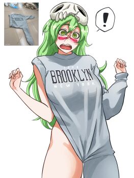 ! 1girl @_@ asymmetrical_clothes bleach breasts espada facial_mark female_focus green_eyes green_hair hollow_mask large_breasts long_hair mask mask_on_head nelliel_tu_odelschwanck open_mouth photo-referenced reference_inset ririvart scar scar_on_face sideless_sweater simple_background skull_on_head sleeveless sleeveless_sweater spoken_exclamation_mark sweater teeth tongue upper_teeth_only wardrobe_error white_background