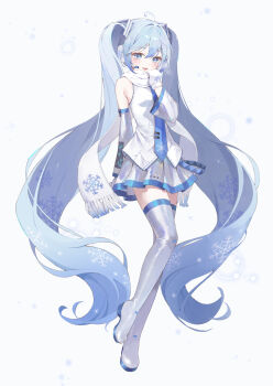 1girl absurdly_long_hair absurdres ahoge aqua_eyes aqua_hair arm_behind_back blue_necktie blue_trim blush boots breasts detached_sleeves grey_skirt hair_between_eyes hair_ornament hatsune_miku headset highres long_hair long_sleeves looking_at_viewer mittens necktie scarf shirt skirt sleeveless sleeveless_shirt small_breasts snowflake_print solo thigh_boots very_long_hair vocaloid white_background white_mittens white_scarf wide_sleeves yuki_miku yuki_miku_(2011) yw_marron
