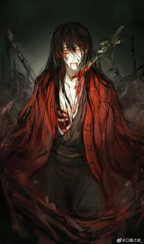 1boy absurdres black_hair black_hanfu bleeding blood blood_from_mouth blood_on_chest blood_on_clothes blood_on_face blood_on_neck bloody_tears bloody_weapon bone chinese_clothes chinese_commentary coat collarbone dao_gui_yi_xian deep_wound exposed_bone guro hair_between_eyes hair_down hanfu highres injury kou_fu_zhi_yu li_huowang long_hair looking_at_viewer male_focus open_clothes open_coat planted planted_sword planted_weapon red_coat red_eyes ribs robe sitting solo stab sword watermark weapon weibo_watermark