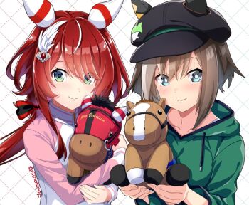 2girls animal_ears blue_eyes blush breasts brown_hair casual cheval_grand_(casual)_(umamusume) cheval_grand_(racehorse) cheval_grand_(umamusume) creature_and_personification green_eyes hair_between_eyes hair_ornament hat horse horse_ears horse_girl long_hair looking_at_viewer low_twintails medium_breasts medium_hair multiple_girls personification portrait red_hair shinohara_shinome simple_background smile stuffed_animal stuffed_toy twintails umamusume white_background win_variation_(casual)_(umamusume) win_variation_(racehorse) win_variation_(umamusume)
