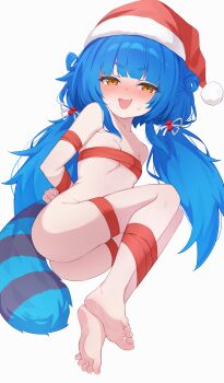1girl :3 arms_behind_back barefoot bitseon blue_hair blush bound breasts christmas chromashift fang feet fur-trimmed_headwear fur_trim hair_rings hat highres loli long_hair looking_at_viewer low_twintails lying naked_ribbon on_side open_mouth poko_rakun raccoon_girl raccoon_tail red_hat ribbon ribbon_bondage santa_hat small_breasts soles solo tail thick_eyebrows toes twintails v-shaped_eyebrows