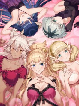 5girls amber_idanokan animal_ear_fluff animal_ears arms_behind_head babydoll bare_shoulders black_gloves blue_eyes blue_hair breasts brown_horns cat_ears cat_girl circle_formation cleavage closed_mouth collarbone elbow_gloves elf gloves granat_needakitta green_eyes hair_ornament hand_on_own_chest harem horns kekkon_yubiwa_monogatari large_breasts looking_at_viewer lying multiple_girls nephrites_lomka nonaka_himeno official_art on_back on_side open_mouth orange_eyes pink_babydoll pink_background pointy_ears purple_babydoll ragnador saphir_maasa short_hair small_breasts smile third-party_source white_babydoll